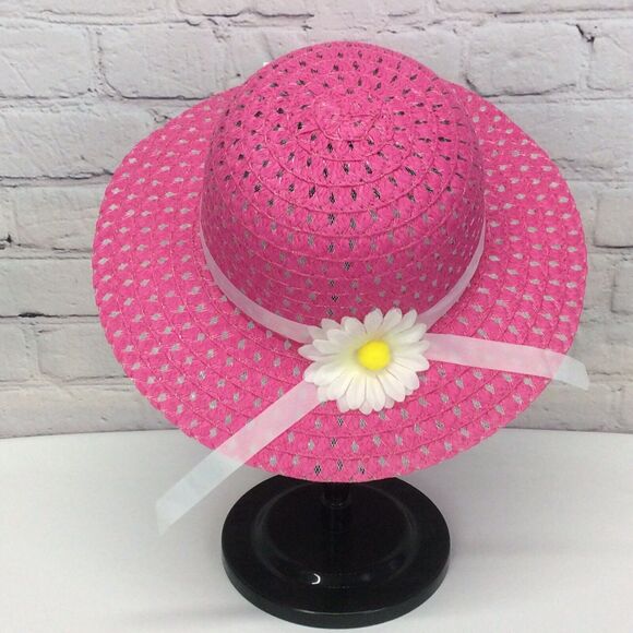 Girls Spring Easter Hat Pink w/White Ribbon & Daisy Accent Spring Dress Up - Picture 1 of 5